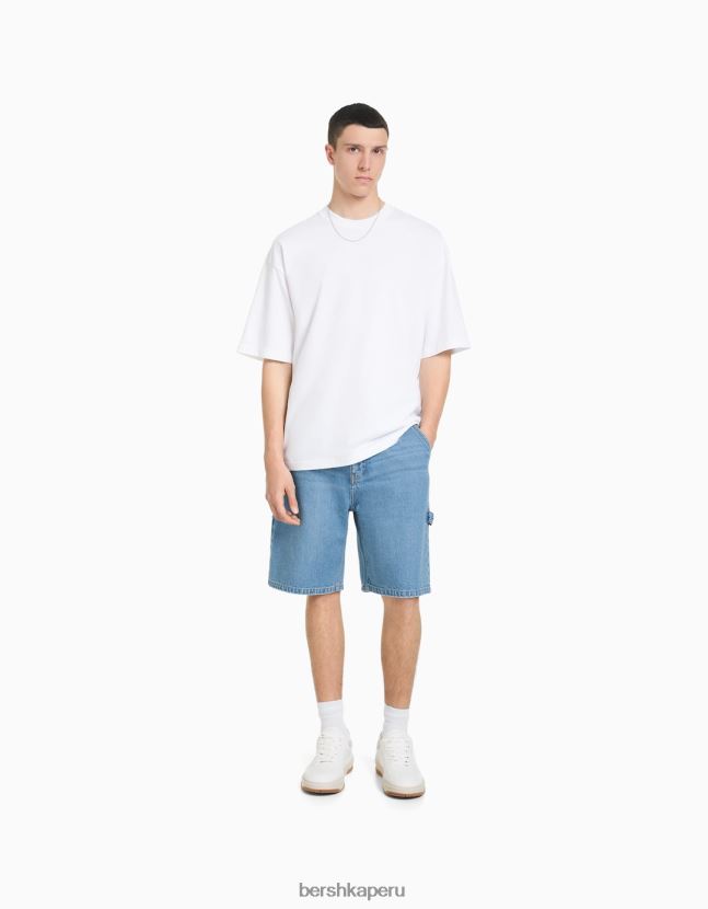 azul claro Bershka hombres bermudas de carpintero de mezclilla 806J6B3295