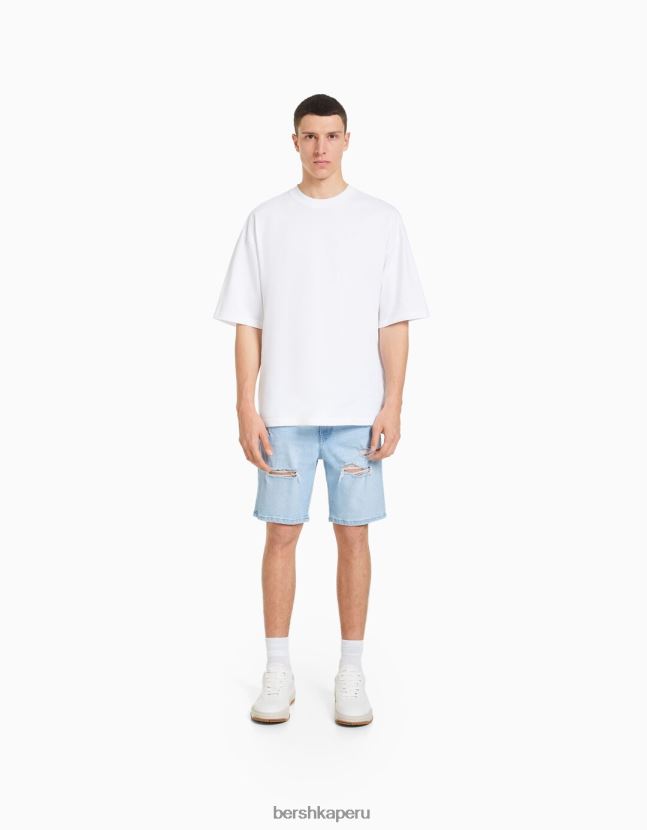 azul claro Bershka hombres bermudas de mezclilla con rotos 806J6B3340