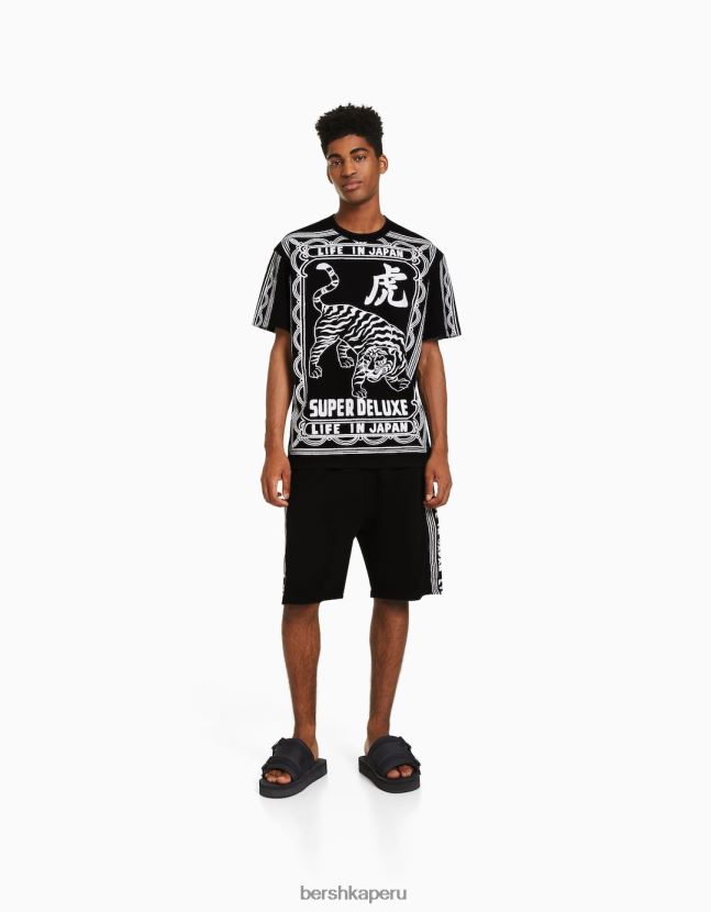 negro Bershka hombres bermudas con eslogan estampado 806J6B3348