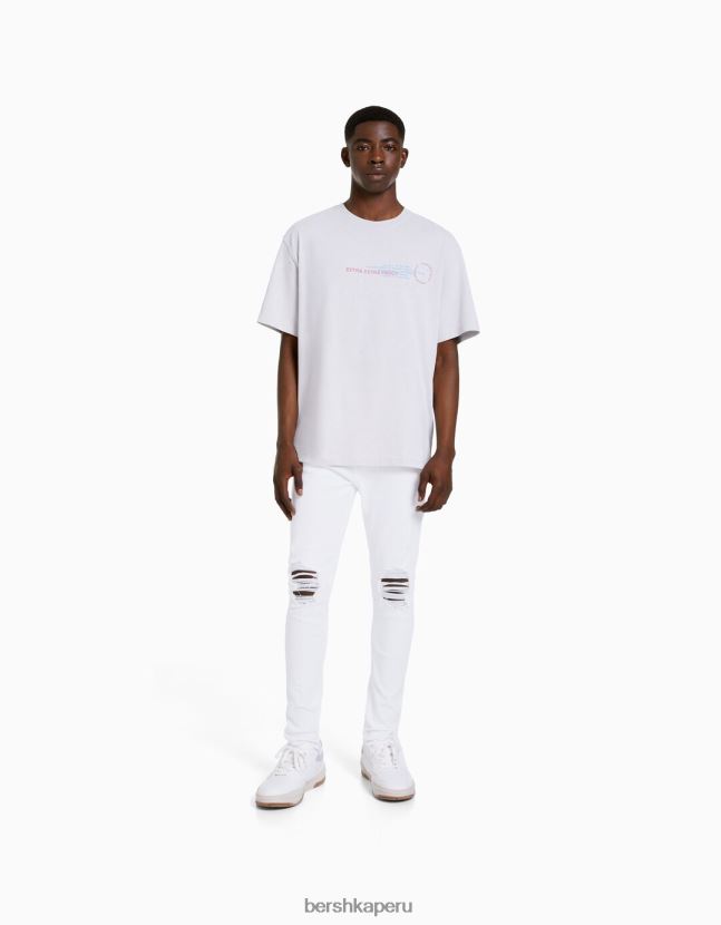 blanco Bershka hombres vaqueros muy ajustados con rotos 806J6B3184