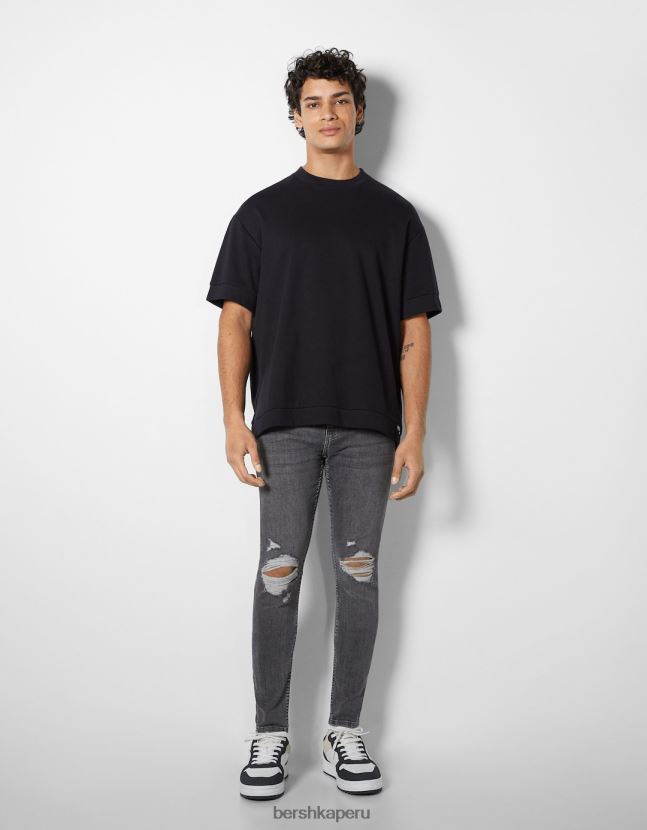 gris oscuro Bershka hombres vaqueros muy ajustados con rotos 806J6B3169