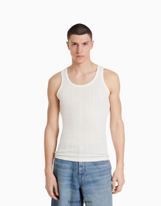 blanco Bershka hombres playera de tiras de punto pointelle 806J6B2839