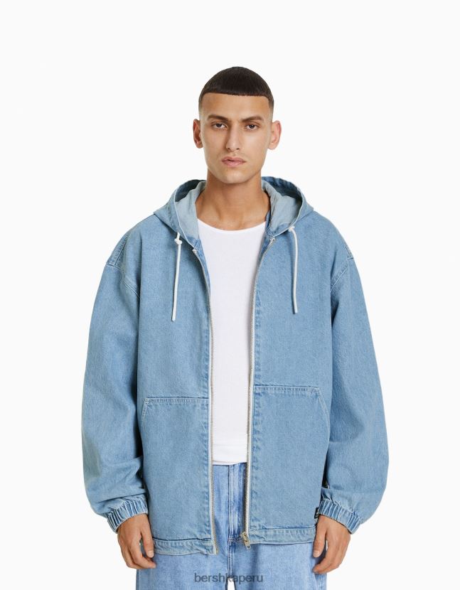 azul claro Bershka hombres chamarra de mezclilla con capucha 806J6B3053