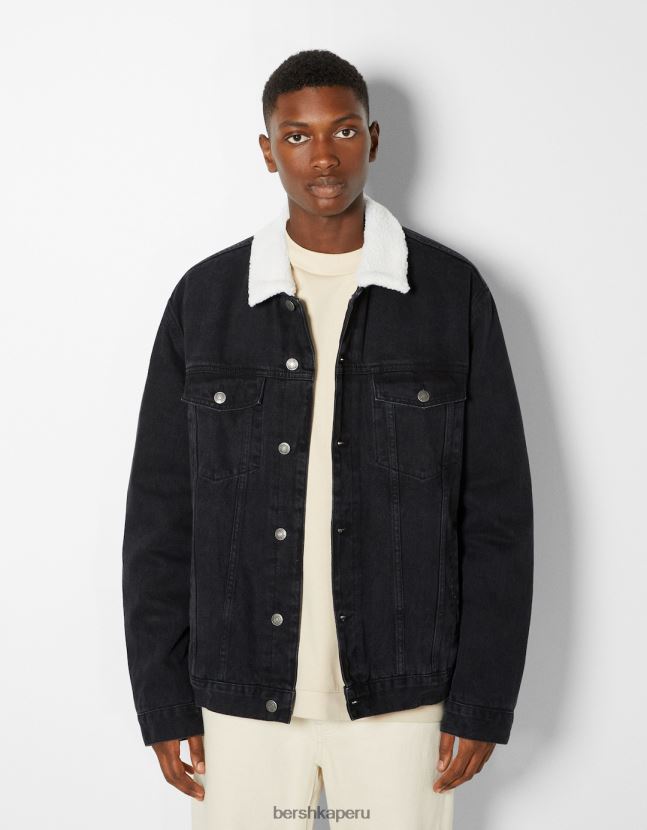 negro Bershka hombres chaqueta vaquera con forro polar 806J6B3100