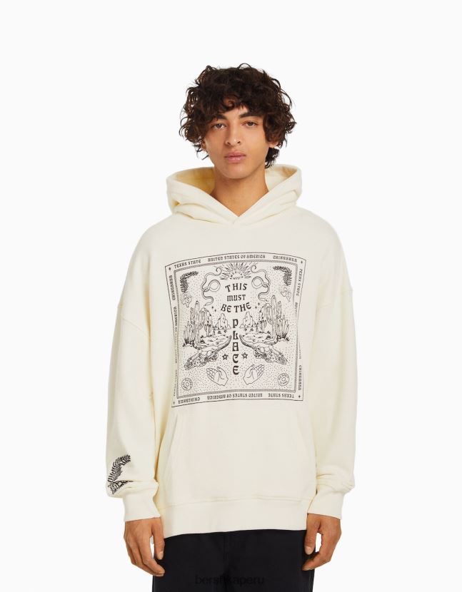 crema Bershka hombres sudadera con capucha estampada 806J6B2983