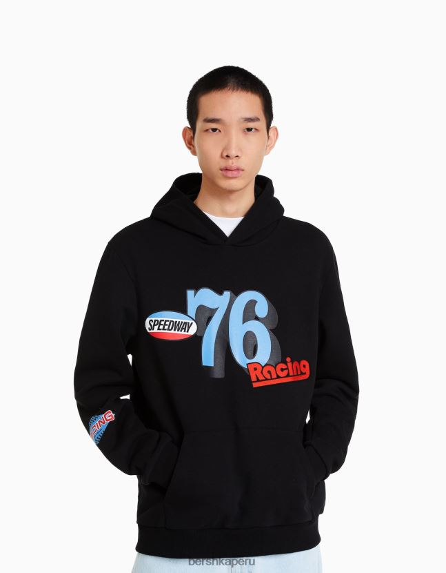 negro Bershka hombres sudadera con estampado de carreras 806J6B2962