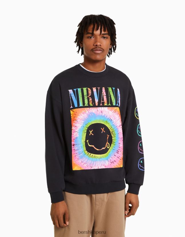 gris oscuro Bershka hombres sudadera con estampado de nirvana 806J6B2974