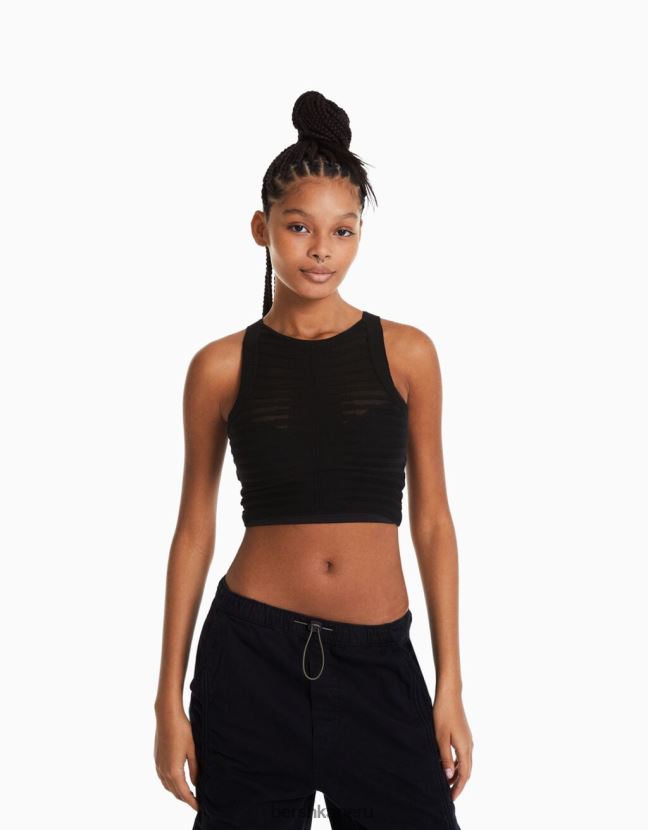 negro Bershka mujer top de punto transparente 806J6B964