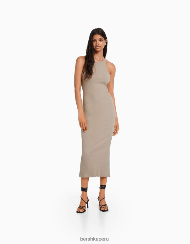 arena Bershka mujer vestido midi de canalé sin mangas 806J6B4