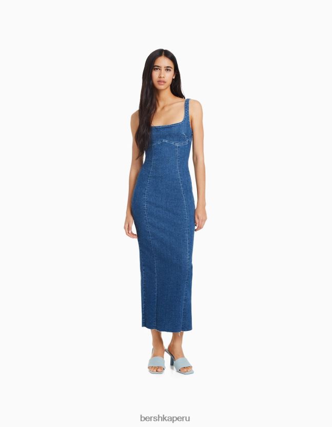 azul Bershka mujer vestido largo de mezclilla con tirantes 806J6B26