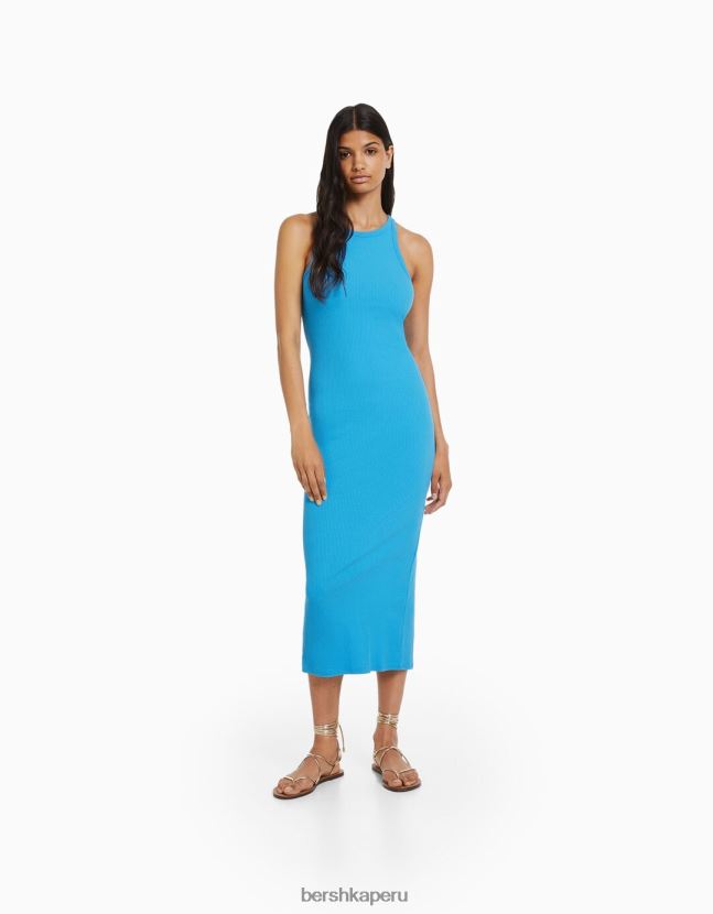 azul Bershka mujer vestido midi de canalé sin mangas 806J6B2