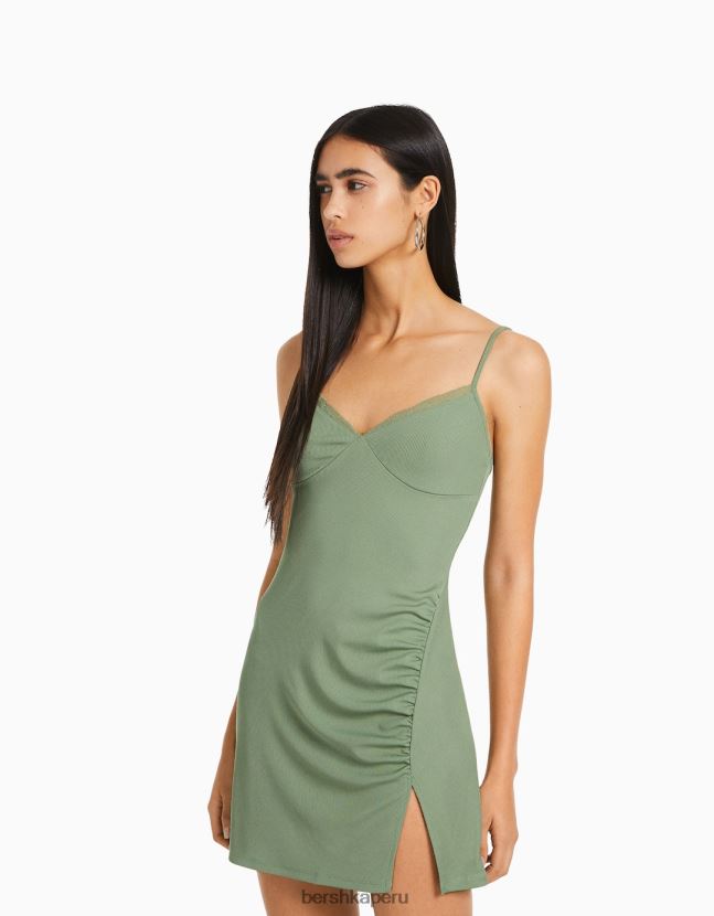 caqui Bershka mujer mini vestido con detalle de encaje 806J6B115