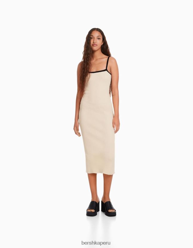 crema Bershka mujer vestido midi con tiras 806J6B211