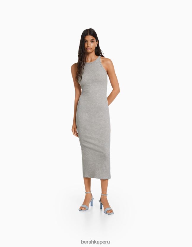 gris Bershka mujer vestido midi de canalé sin mangas 806J6B3