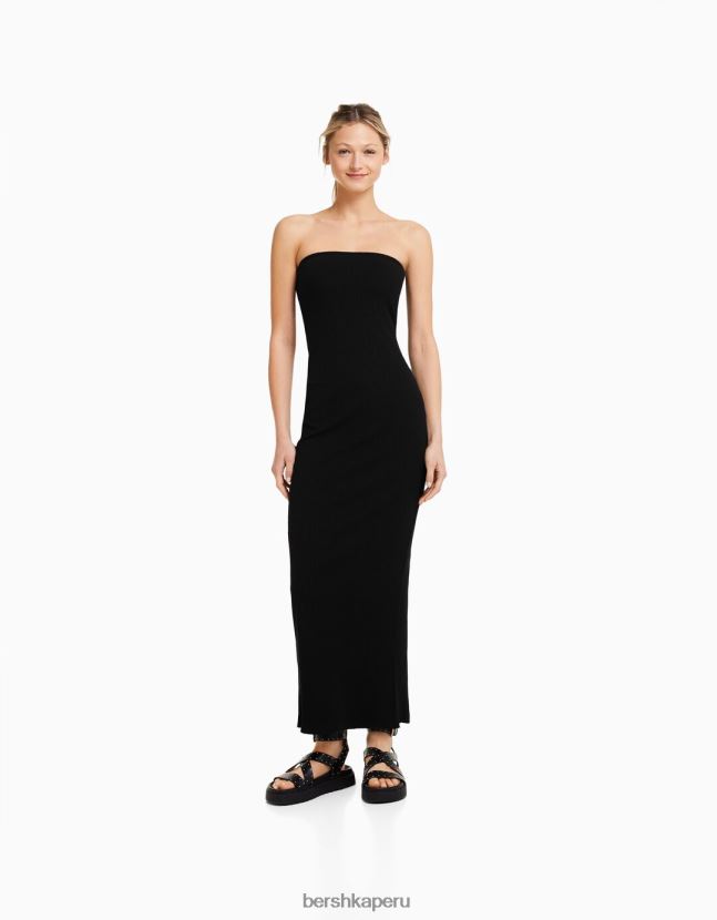 negro Bershka mujer vestido bandeau largo de canalé 806J6B48