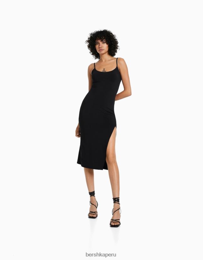 negro Bershka mujer vestido midi ajustado con tirantes 806J6B63