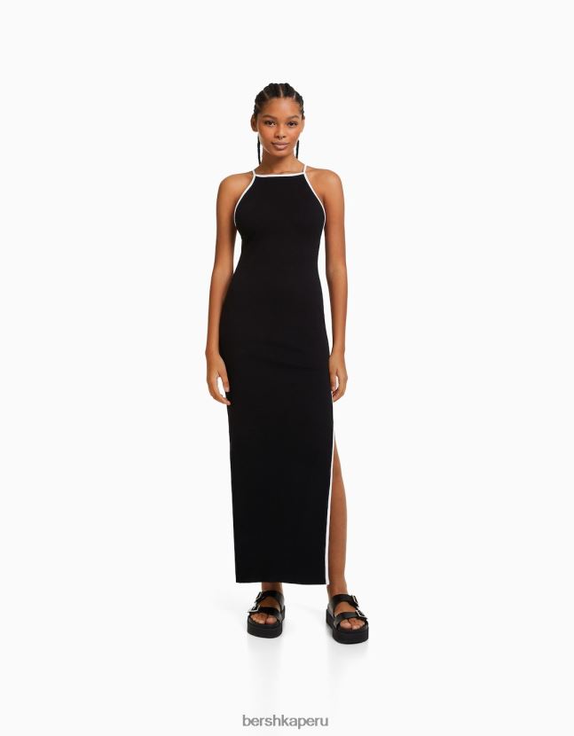 negro Bershka mujer vestido midi con tirantes en contraste 806J6B192