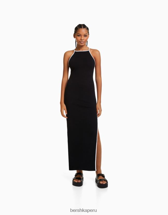 negro Bershka mujer vestido midi con tirantes en contraste 806J6B193