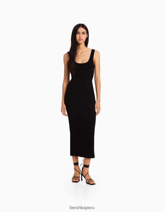 negro Bershka mujer vestido midi de canalé con tiras 806J6B102