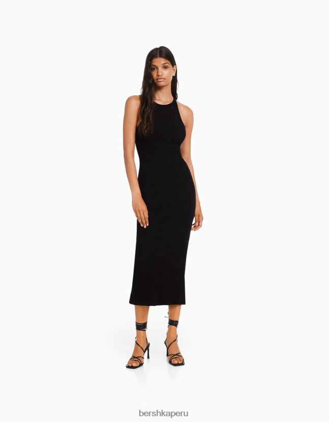 negro Bershka mujer vestido midi de canalé sin mangas 806J6B5