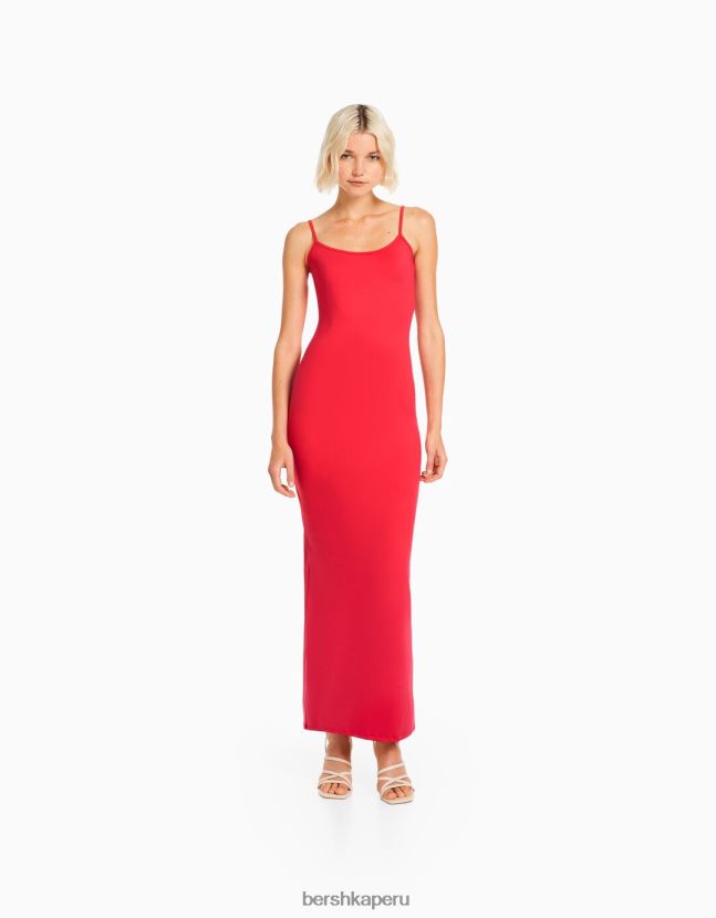 rojo Bershka mujer vestido largo ajustado con tiras 806J6B23