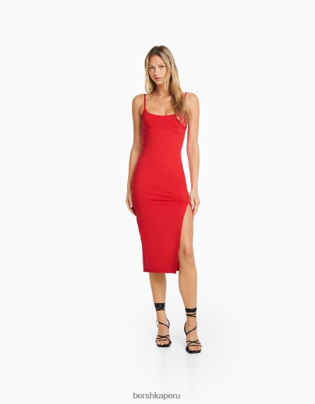 rojo Bershka mujer vestido midi ajustado con tirantes 806J6B35