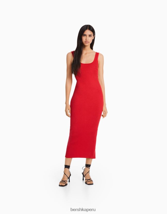 rojo Bershka mujer vestido midi de canalé con tiras 806J6B103