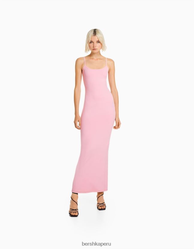 rosa Bershka mujer vestido largo ajustado con tiras 806J6B19