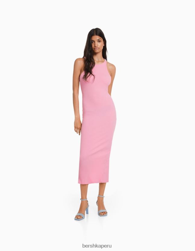 rosa Bershka mujer vestido midi de canalé sin mangas 806J6B7