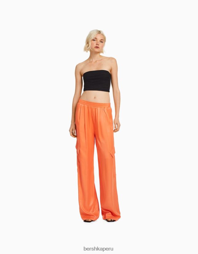 naranja Bershka mujer pantalones anchos de raso con bolsillo 806J6B1326