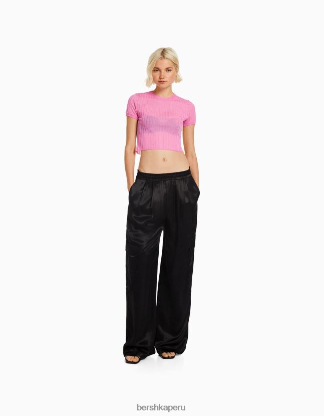 negro Bershka mujer pantalones anchos de raso con bolsillo 806J6B1325