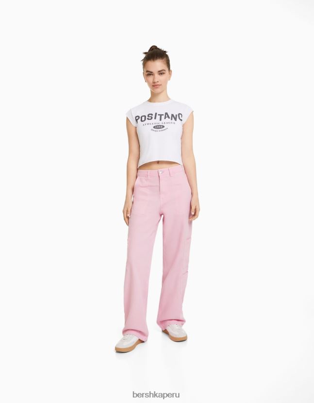 rosa Bershka mujer pantalones de carpintero holgados de lona 806J6B1319