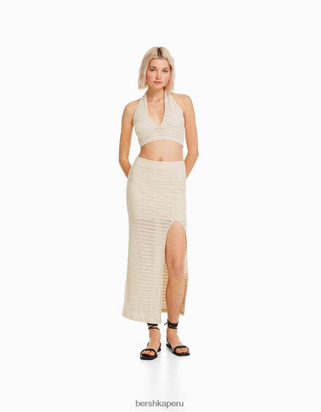 beige Bershka mujer falda midi de crochet rústico 806J6B1884