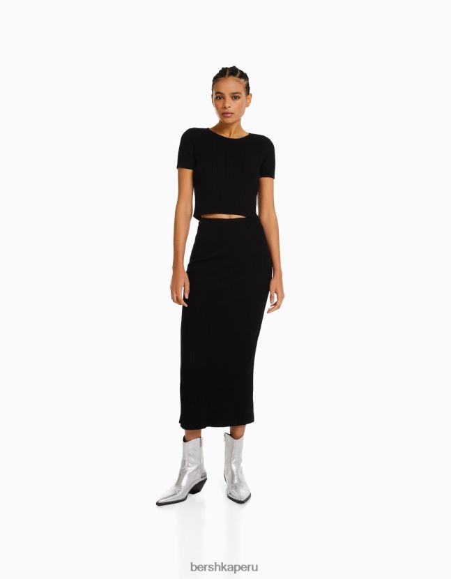 negro Bershka mujer falda midi de canalé 806J6B956