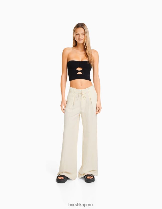 crema Bershka mujer pantalones anchos de mezcla de lino 806J6B1418