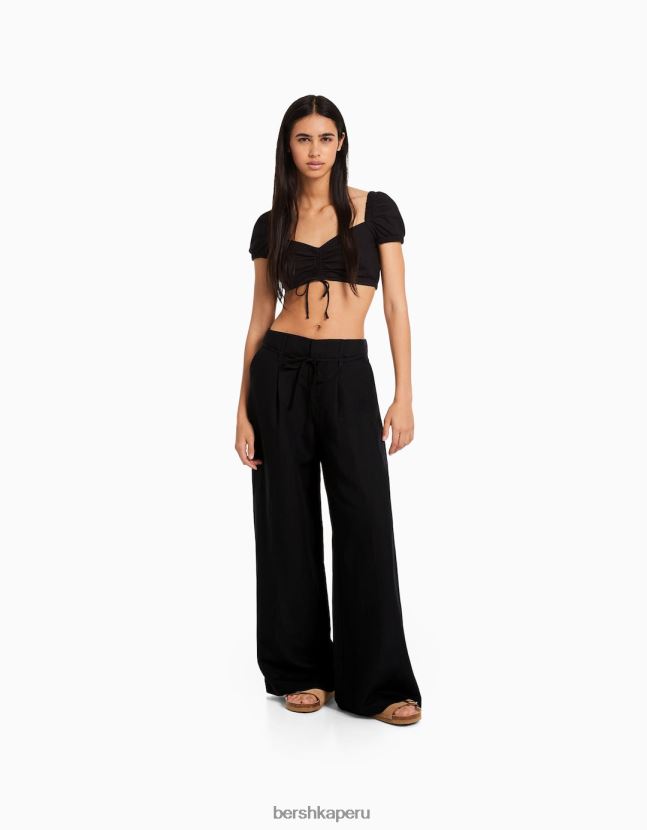 negro Bershka mujer pantalones anchos de mezcla de lino 806J6B1461