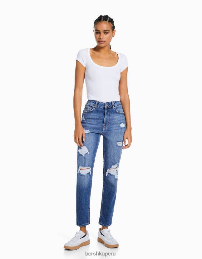 azul Bershka mujer vaqueros mom fit con rotos 806J6B1593