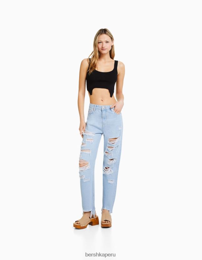 azul claro Bershka mujer vaqueros capri rectos con rotos 806J6B1573