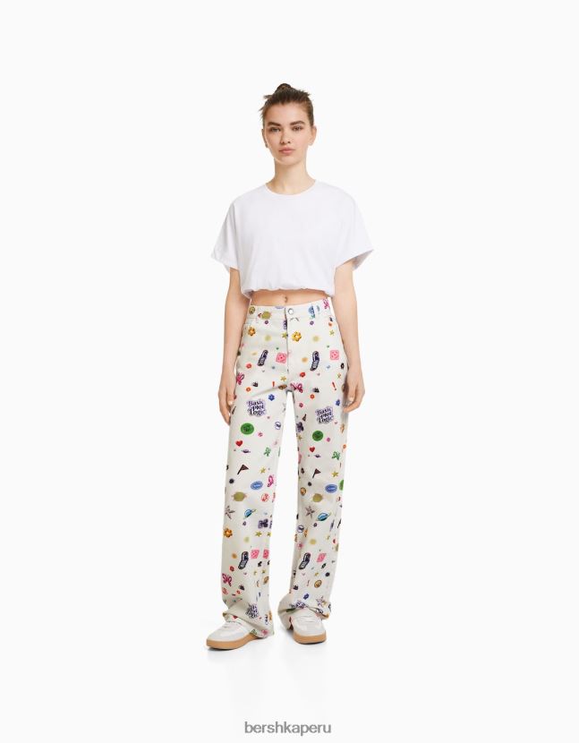 blanco Bershka mujer vaqueros anchos estampados de los 90 806J6B1592