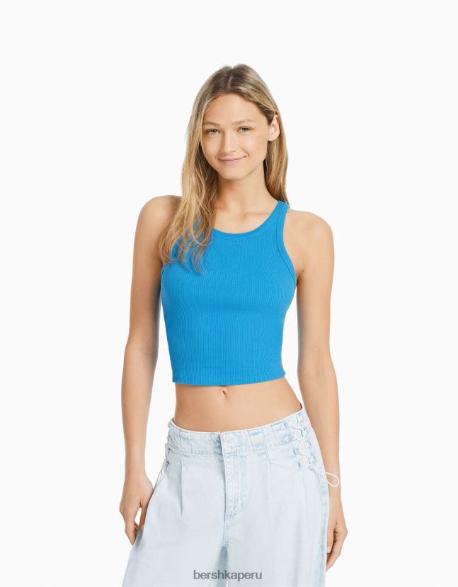 azul Bershka mujer camiseta sin mangas de canalé 806J6B421