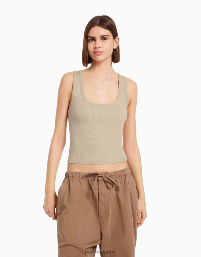 beige Bershka mujer camiseta sin mangas de canalé 806J6B314