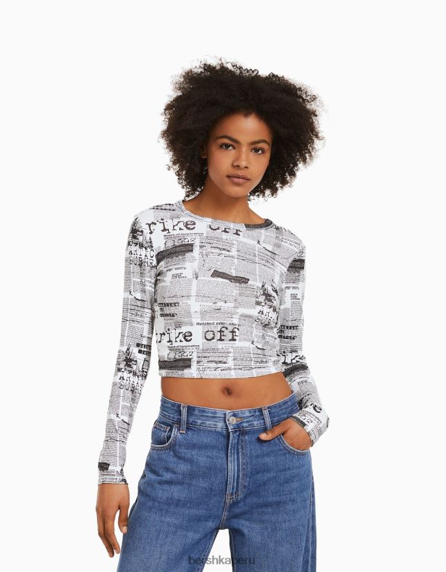 blanco Bershka mujer camiseta de manga larga con estampado 806J6B614