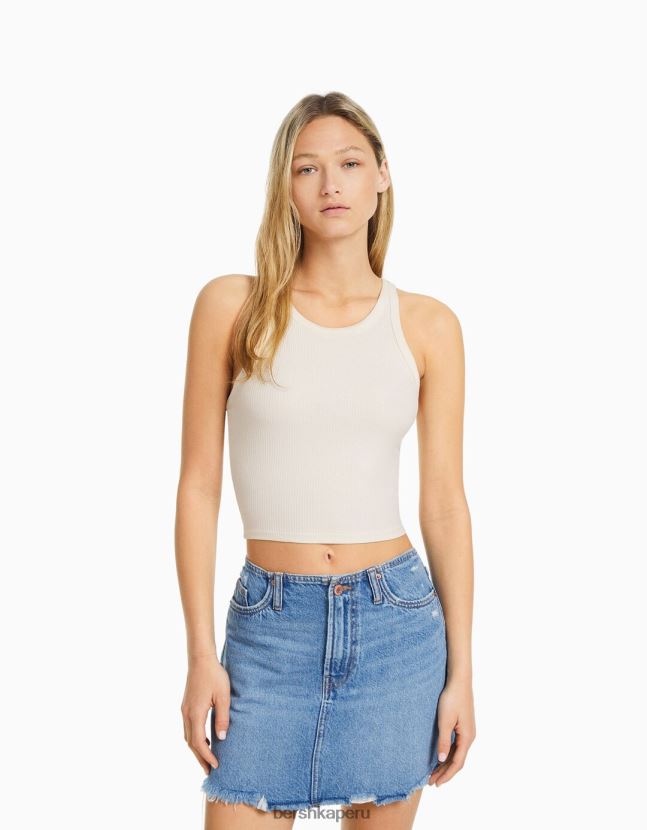 blanco Bershka mujer camiseta sin mangas de canalé 806J6B334