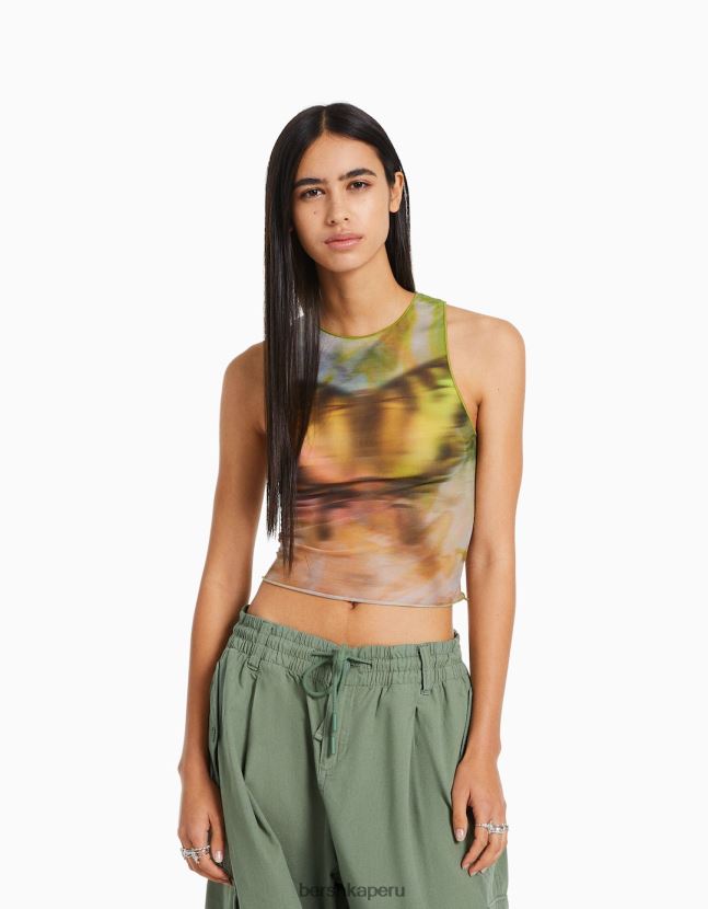 caqui Bershka mujer camiseta de tul estampada sin mangas 806J6B303