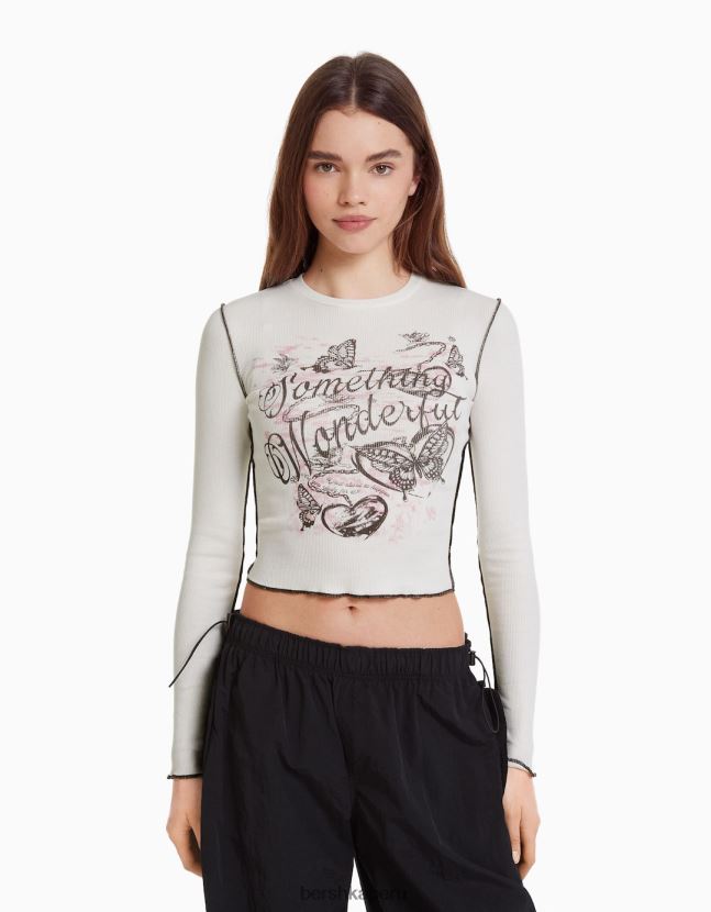 crema Bershka mujer camiseta de manga larga de canalé 806J6B641