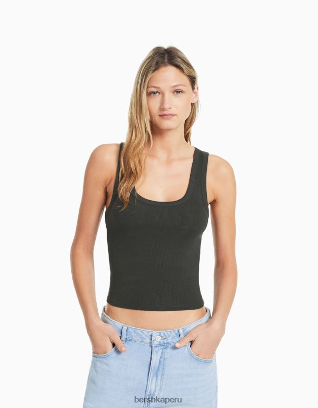 gris oscuro Bershka mujer camiseta sin mangas de canalé 806J6B312