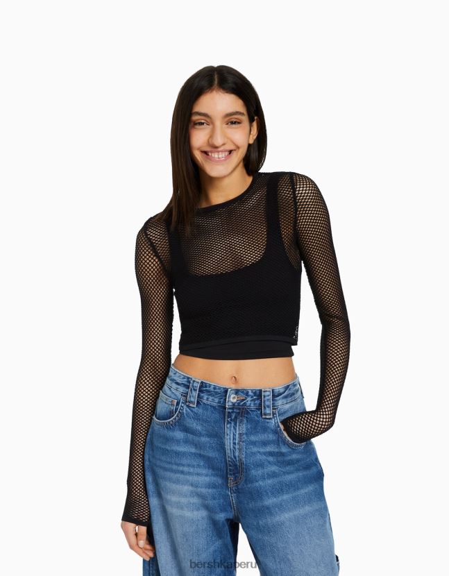 negro Bershka mujer playera de manga larga sin costuras 806J6B527