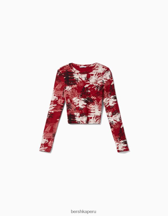 rojo Bershka mujer camiseta de manga larga con estampado 806J6B623