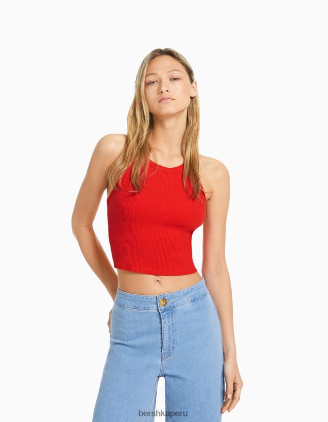 rojo Bershka mujer camiseta sin mangas de canalé 806J6B418