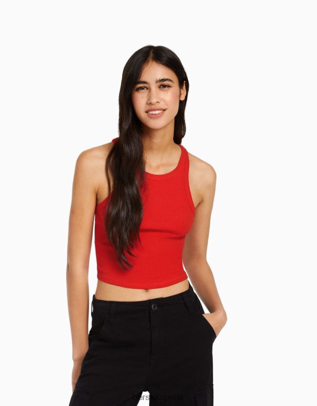 rojo Bershka mujer camiseta sin mangas de canalé 806J6B419